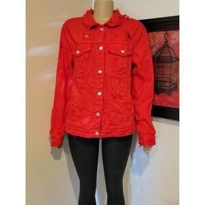 Zara Trafaluc Red Distressed Denim Jacket Size M #W4